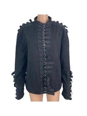 Shrine Denim Jacket Mens Large Black Goth D Ring Buckles Steampunk Full Zip